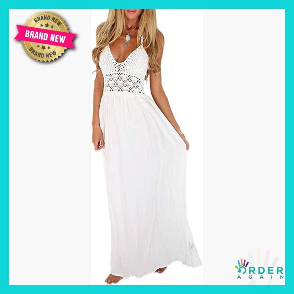 Crochet Backless Halter Maxi Dress Bohemian Beach Casual Elegant Summer